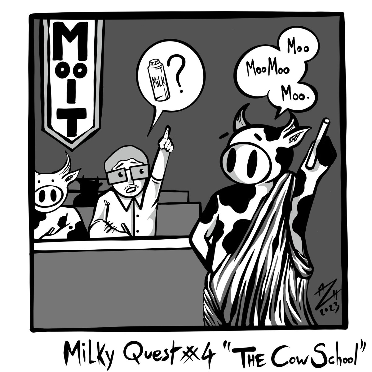 Zoupiot1's tweet photo. #Inktober ep4 

"The Cow School"

To solve a dairy riddle, our protagonist must travel to a dimension where cows are intellectually superior.  He joins a cow school to learn more about the mysteries of milk.

#inktober2023 #milkyquest https://t.co/nefbo4FAyR