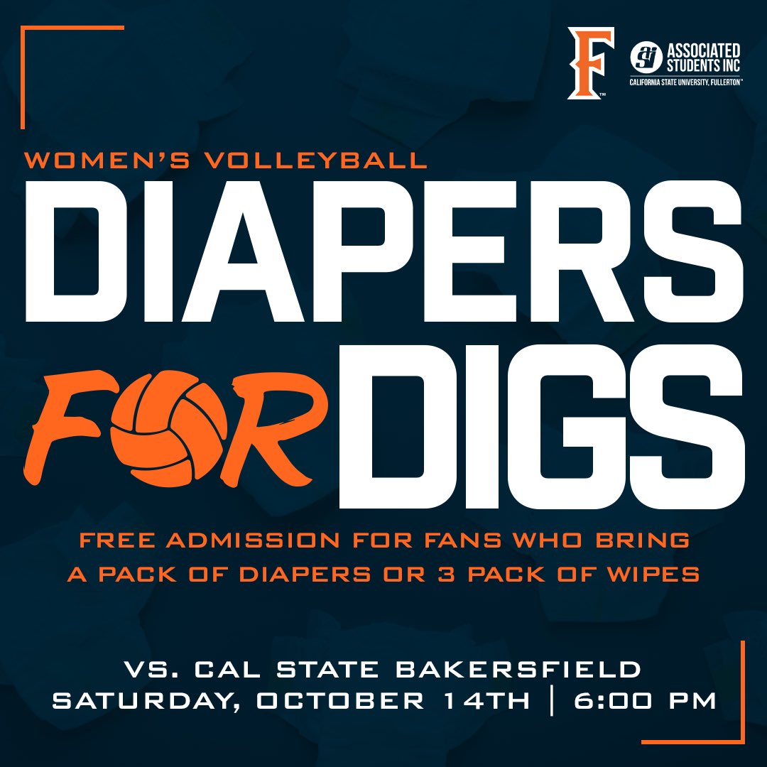 Fullerton_WVB's tweet photo. We are excited to help the Children’s Center here at Cal State Fullerton collect diaper and wipes donations🤩

Make sure to bring a pack of diapers (Size 5-6 preferred) or a 3-pack of wipes for FREE admission to our game on Saturday, October 14th🏐

#TusksUp https://t.co/qP84Pd6LVu