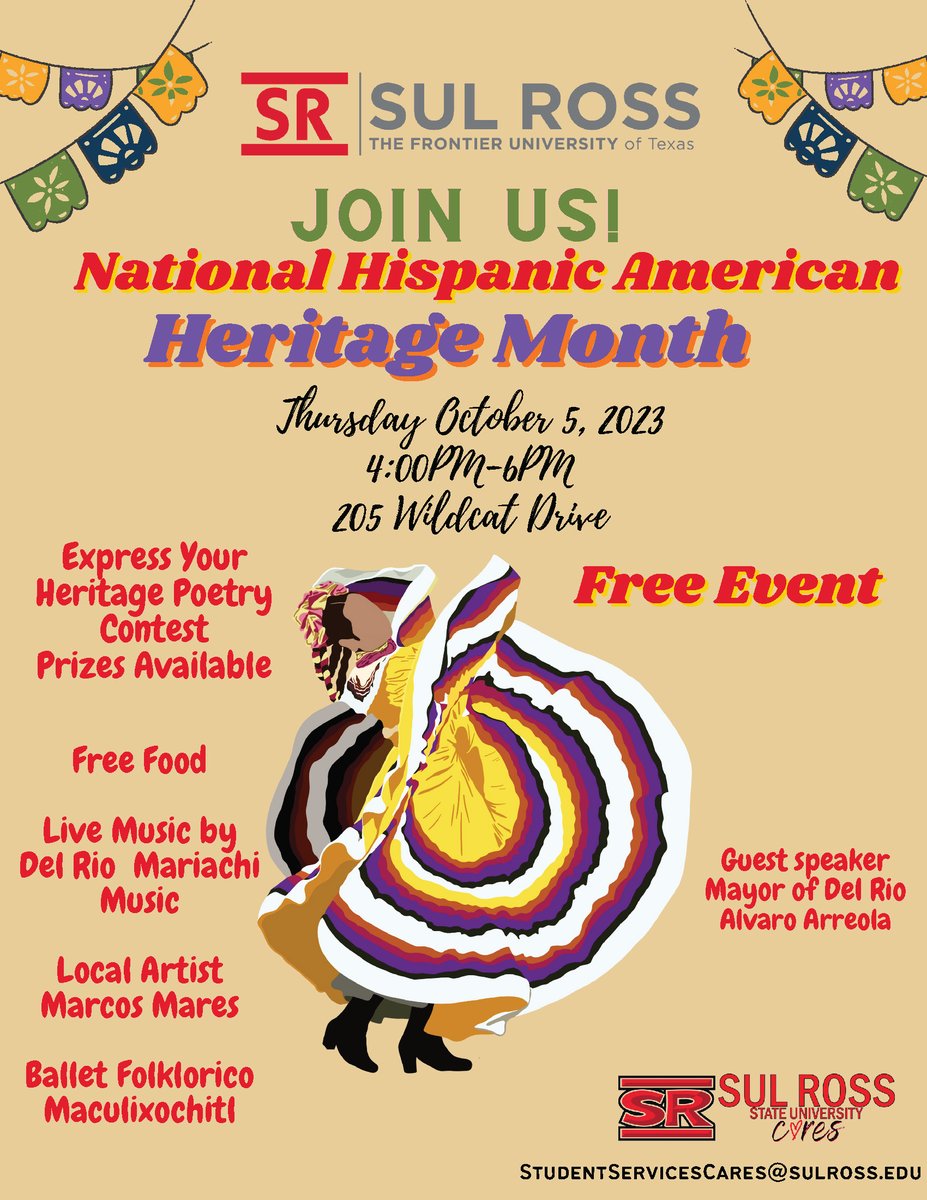 #Lobos in Del Rio! 🐺 You're invited to celebrate #HispanicHeritageMonth with us! Free food, live performances, prizes, and special guest speaker Alvaro Arreloa, the Mayor of Del Rio! #SRSU #SRSUCares #DelRio #VivaLobos