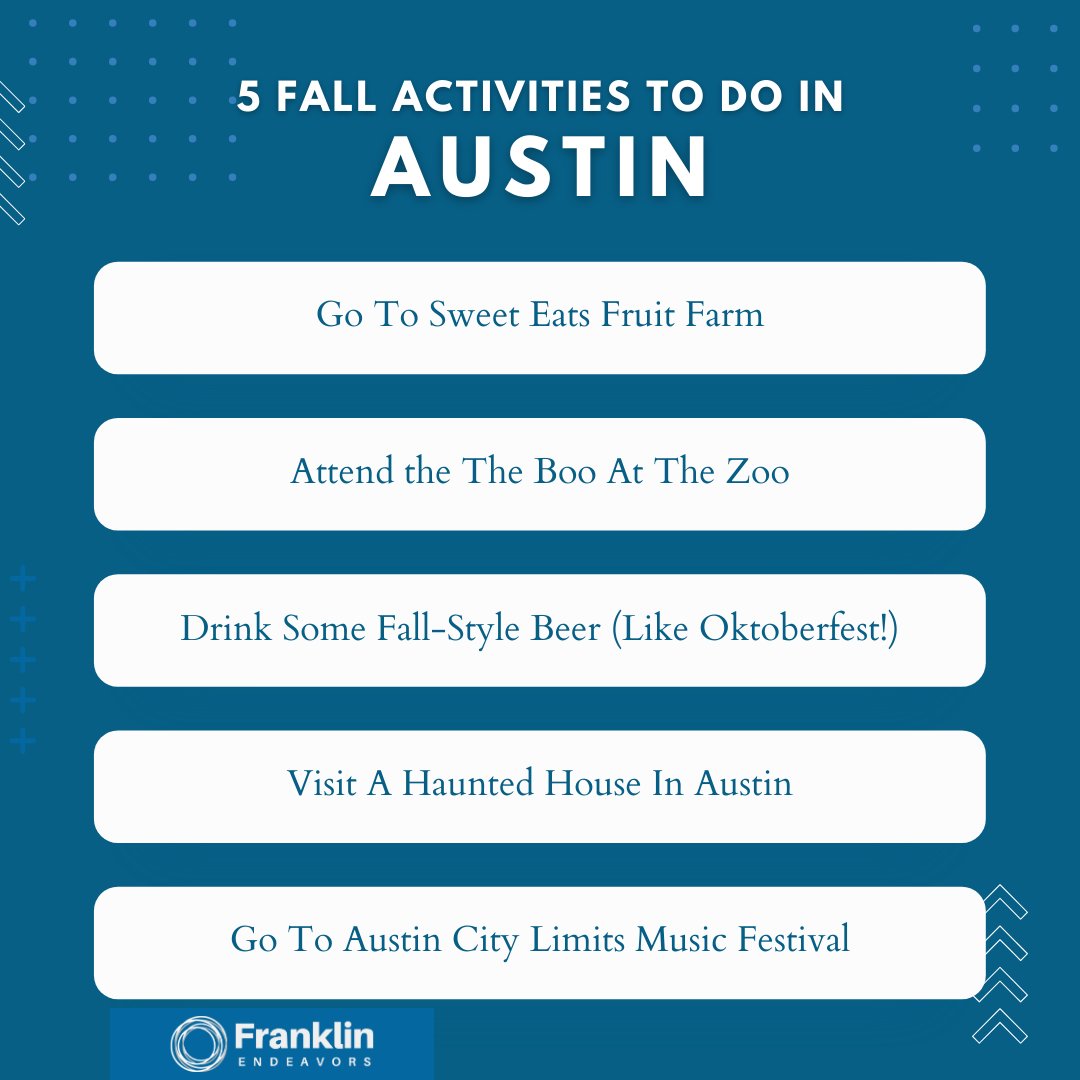 franklinendevrs's tweet image. Autumn in Austin is short but sweet! 🍂 Embrace the cooler weather &amp;amp; check off these fall activities from your ATX bucket list. 🎃 
-
#FranklinEndeavorsAustin #FranklinEndeavors #FallInAustin #AustinAutumn