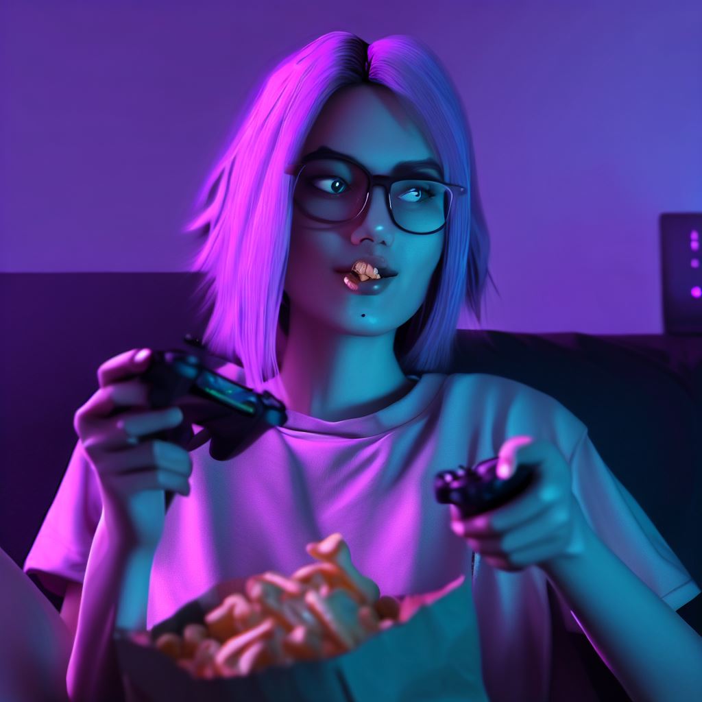 #GamerGirlAi #AiGeneratedImage #XboxGaming #GlassesGirl #TwoControllers #PurpleAesthetic #ChipsOnLap