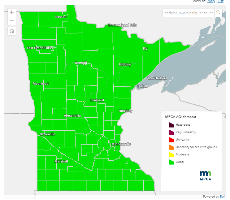 The statewide forecast for the rest of today, Oct 4, and Thursday, Oct 5, features Green (good) air quality. More info at pca.state.mn.us/air-water-land…