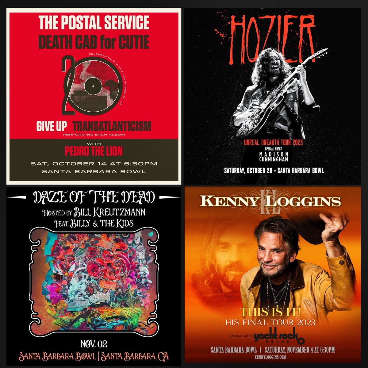 sbBowl (@sbbowl) on Twitter photo October- November lineup <a href="/sbBowl/">sbBowl</a>!
10/14: <a href="/dcfc/">Death Cab for Cutie</a> & <a href="/PostalService/">The Postal Service</a>
10/28: <a href="/Hozier/">Hozier</a>
11/02: <a href="/billkandthekids/">Billy & The Kids</a>
11/04: <a href="/kennyloggins/">Kenny Loggins</a>
For all bowl news, info and tickets: SBBowl.com October- November lineup <a href="/sbBowl/">sbBowl</a>!
10/14: <a href="/dcfc/">Death Cab for Cutie</a> & <a href="/PostalService/">The Postal Service</a>
10/28: <a href="/Hozier/">Hozier</a>
11/02: <a href="/billkandthekids/">Billy & The Kids</a>
11/04: <a href="/kennyloggins/">Kenny Loggins</a>
For all bowl news, info and tickets: SBBowl.com