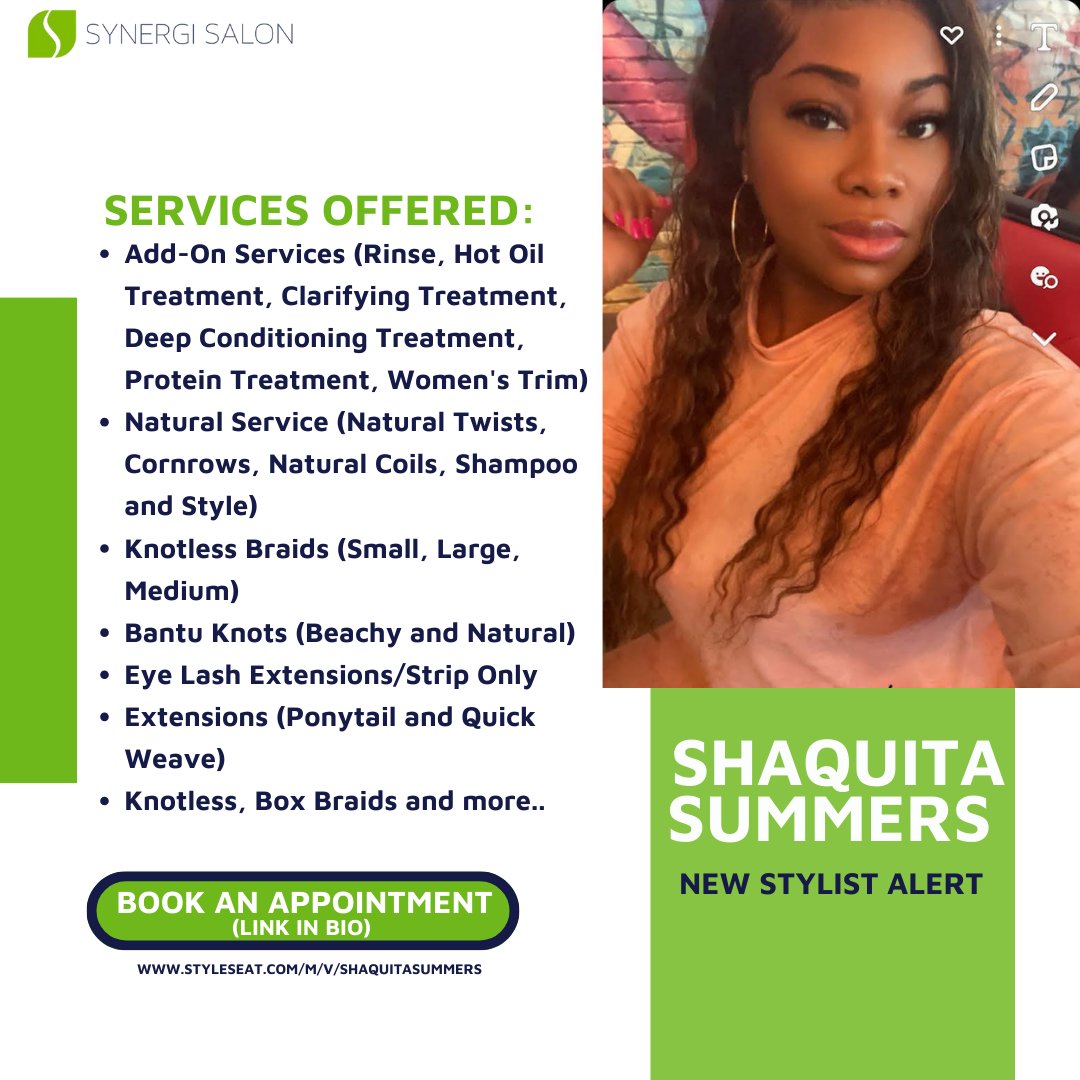 SynergiSalon's tweet photo. Discover the fabulous services of Shaquita Summers, our newest stylist at Synergi Salon!

From extension removal to stunning braid styles and silk presses, she's got you covered.

Book now via the #linkinbio and experience hair excellence in Columbus, Ohio. 💇‍♀️✨

#ColumbusHair https://t.co/x65XolyxGT