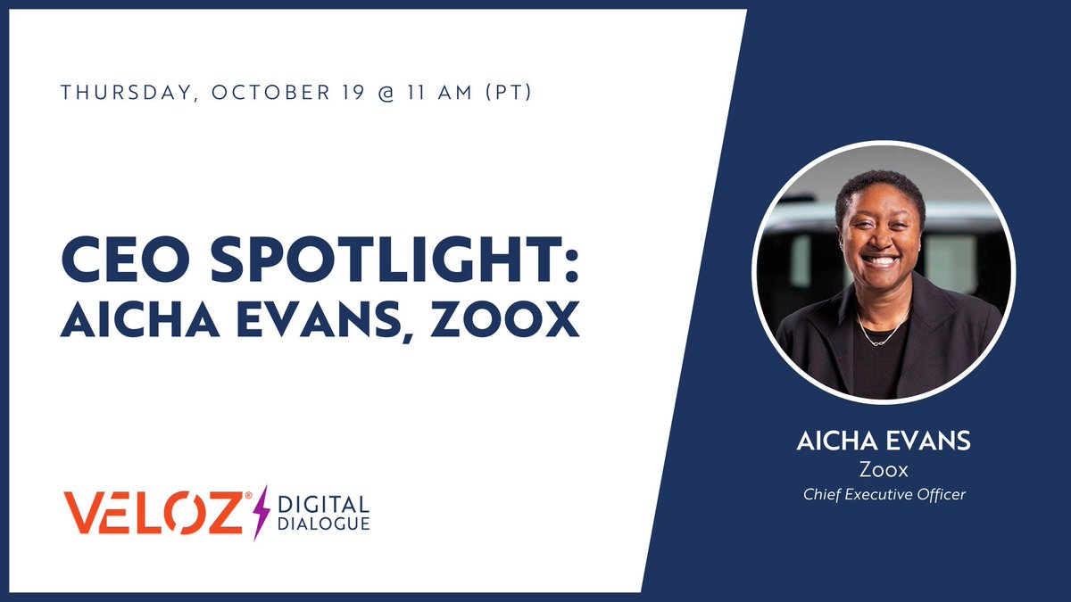 On October 19, as part of our Digital Dialogue series, we’re hosting a special CEO Spotlight with <a href="/Zoox/">Zoox</a> CEO <a href="/aicha2evans/">Aicha Evans</a>. Join us as Aicha discusses Zoox’s most recent milestones and much more! Register now! >>> veloz.org/event/october-…