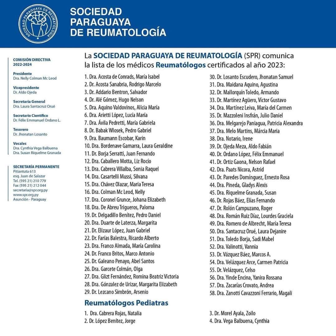 #Octubre Mes de las Enfermedades Reumáticas. Compartimos la lista de reumatólogos certificados por la Sociedad Paraguaya de Reumatologia  y habilitados por MSPyBS.