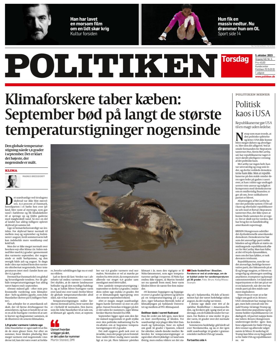 Jeg erkender, at det bliver sværere og sværere at finde på overskrifter og indledninger.

Men en global temperaturstigning på 1,9 grader i sidste uge er bare ikke til at ignorere. 😬

#dkpol #dkgreen #rydfladenforklimaet 
politiken.dk/del/KHAtFiABDg…