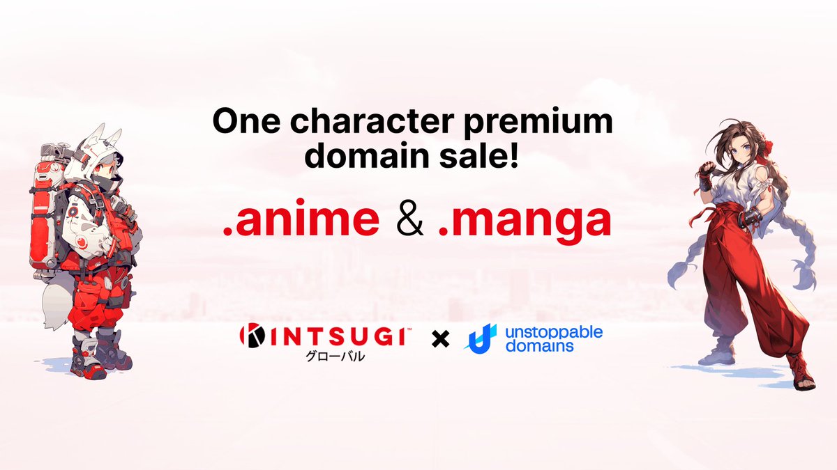 1 Characters with tld .anime & manga already released, hurry up and get it before it runs out.. fcfs until October 10th. more detail visit unstoppabledomains.com/c/anime-manga-…

#udfam #unstoppabledomains