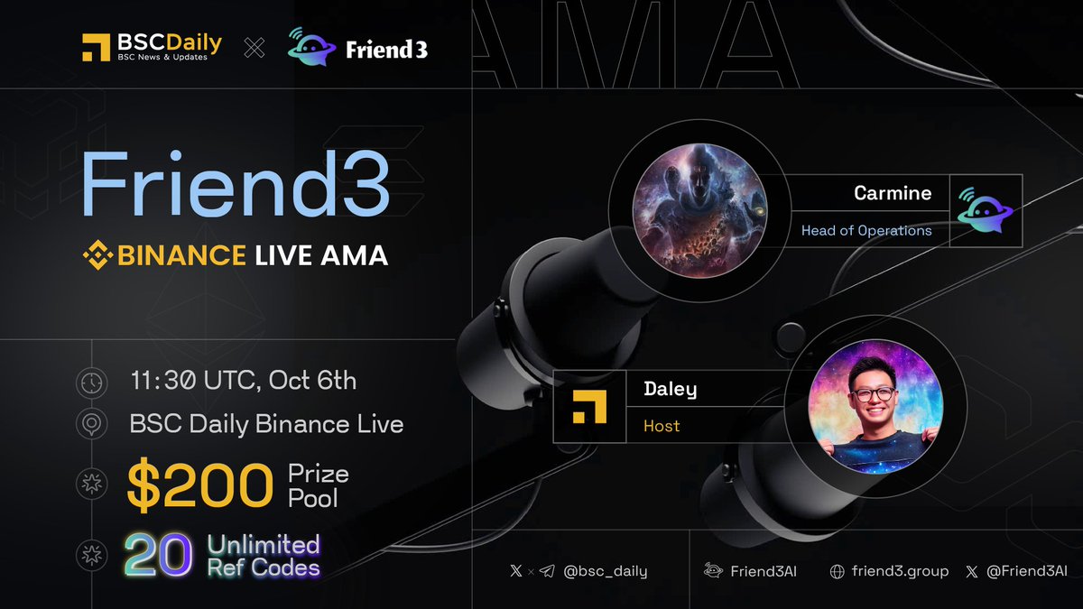We're announcing our official #AMA with <a href="/Friend3AI/">Friend3.AI</a> on #BinanceLive! 

$200 + 20 Unlimited Codes #Giveaways 🔽 

Watch here: binance.com/en/live/video?…
Date: Oct 6th, 11:30 UTC

To win:
- MUST follow Friend3
- Ask questions on Binance Chat!   
- Like &amp; RT      

#NFA