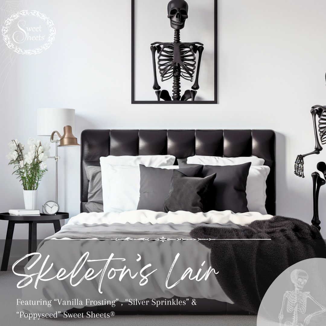 sweetsheetsinc's tweet photo. 🖤💀 Dare to Enter the Skeleton's Lair? 💀🖤
Introducing our hauntingly chic bedroom setup, perfect for those who love a spine-chilling aesthetic.
With alternating "Poppyseed", "Silver Sprinkles" and "Vanilla Frosti...
#SweetSheets #HalloweenDecor #SkeletonsLair #BedroomGoals https://t.co/d9vOcSZu54