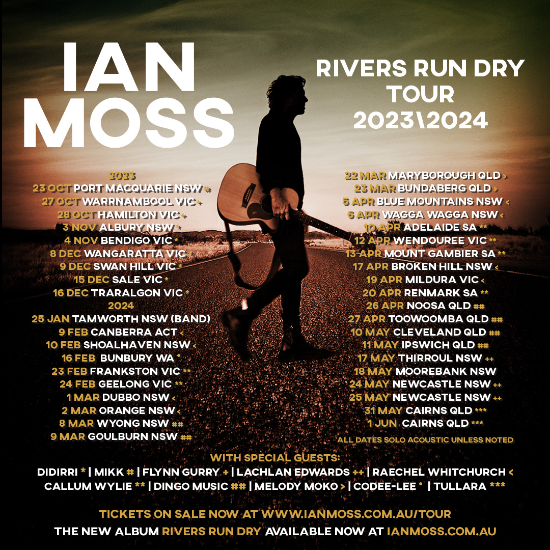 All tix for the Rivers Run Dry Solo Acoustic Tour 2024 in NSW and VIC on sale NOW except Dubbo on sale at 9.30am & Moorebank (will advise on sale date & time ASAP) Tix for WA, VIC, NSW, SA on sale at 9AM LOCAL TIMES. Grab yours at ianmoss.com.au/tour 🎟️ #riversrundrytour