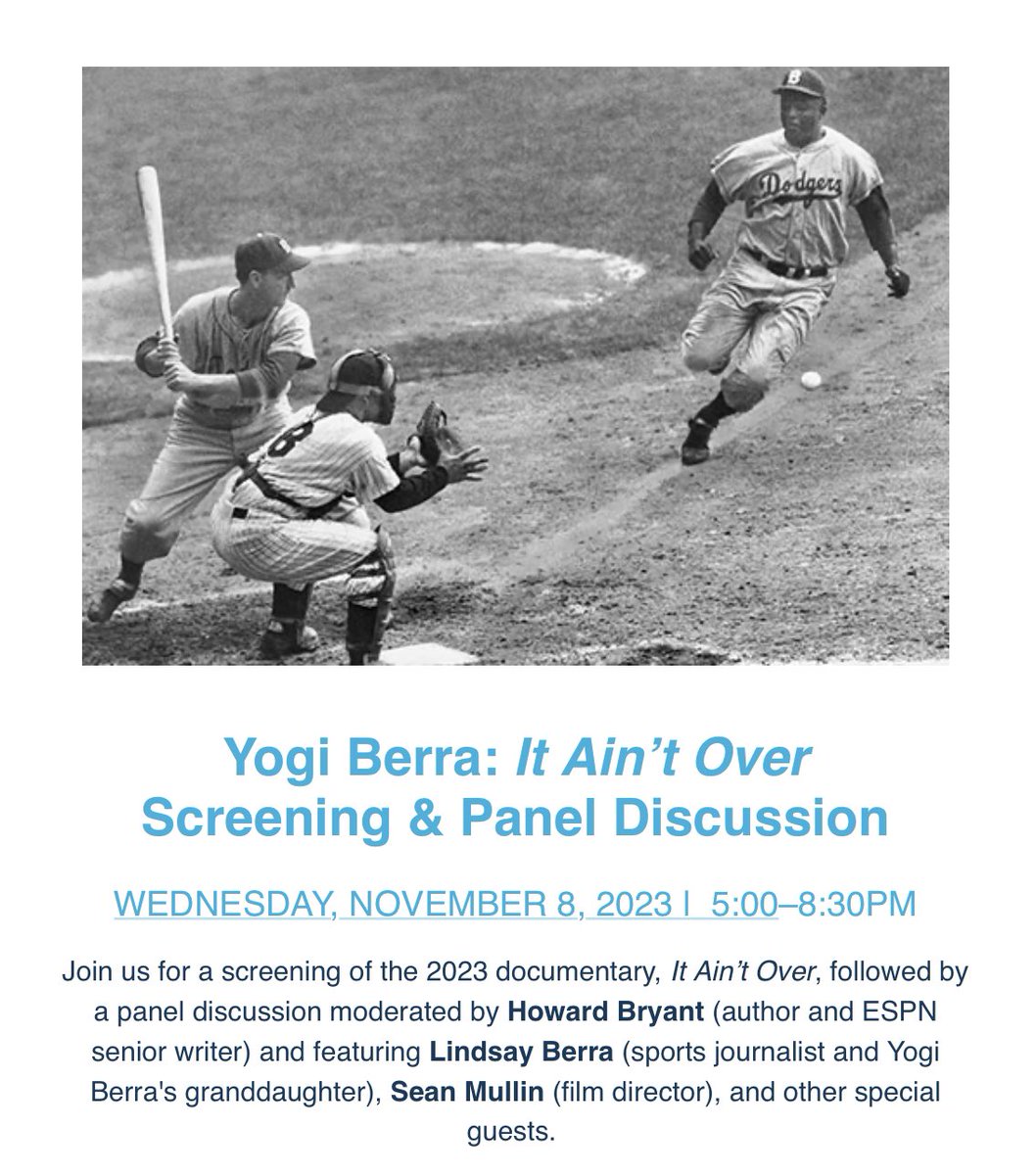 Join us to explore the legacy of baseball legend Yogi Berra through a screening of the 2023 documentary, It Ain’t Over followed by a panel discussion. Link below for tickets. visit.jackierobinsonmuseum.org/orders/525/tic…