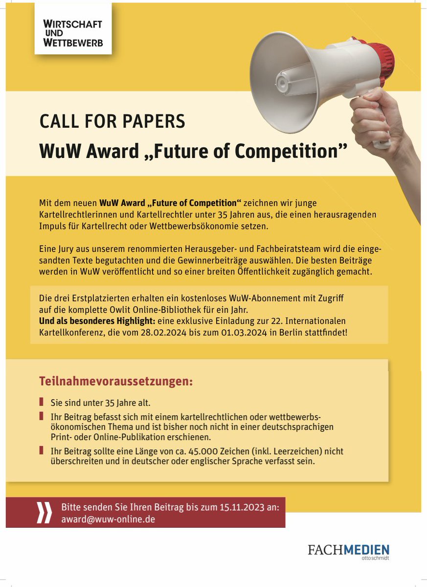 ruppe_p's tweet photo. If you are into competition law &amp; under 35 🏆: German #antitrust journal WuW hands out the *WuW Award Future of Competition* for best paper. Winners get a free subscription plus an invite to the prestigious IKK Conference, hosted by @Kartellamt in Berlin next year! All info: 👇🏽 https://t.co/sR8F0mEtuU