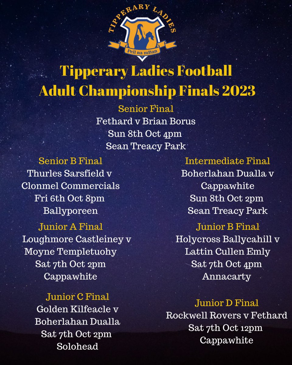 TipperaryLGFA's tweet photo. 📣 Adult Championship Final weekend 📣

A fantastic weekend of ladies football awaits us all in Tipperary this coming Friday, Saturday and Sunday with our Adult Championship Finals all set and ready to go. Excitement is building for our 7 games across all of our grades. https://t.co/SAsbQFCqpm