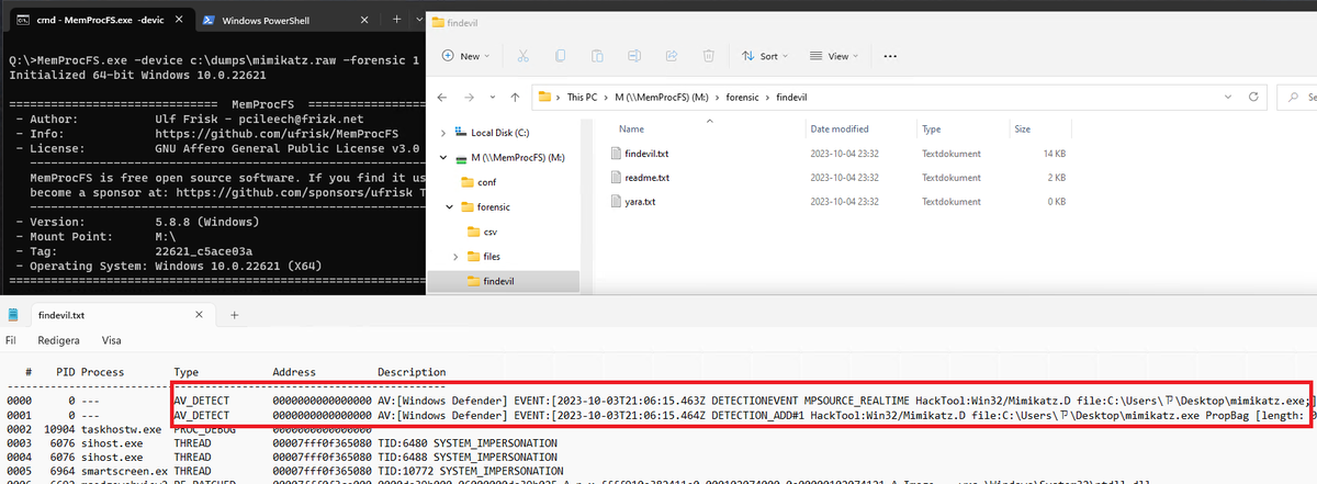 Added AV detection to MemProcFS Memory Forensics FindEvil!

These are malwares that Defender on the analyzed system have detected and logged.

Thank you <a href="/13CubedDFIR/">13Cubed</a> for the idea from your excellent memory forensics training!

github.com/ufrisk/MemProc…
