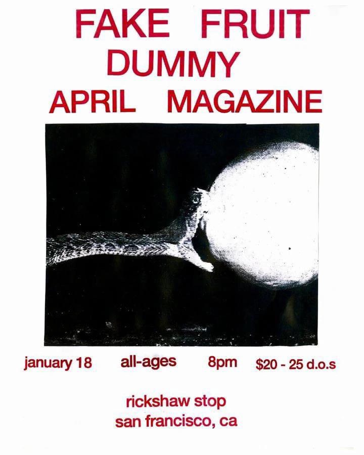 Fakefruitband's tweet photo. Celebrating 20 years of @rickshawstopsf  on January 18th with Dummy and April Magazine 💕 Tickets on sale Friday 10 pst!!! https://t.co/LbWGsE0UVx