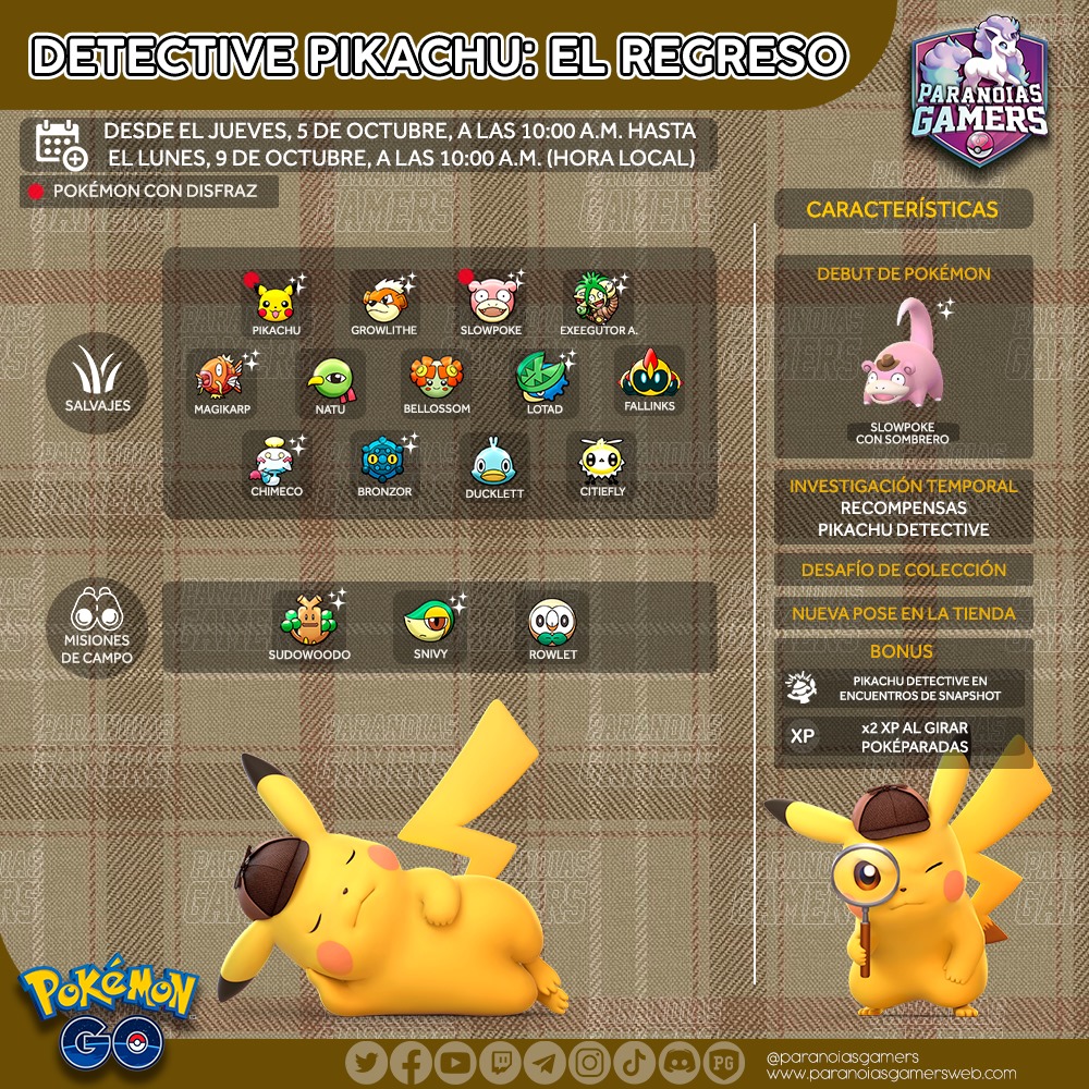 ParanoiasGamers's tweet photo. TEAM PARANOICO!
Ya ha empezado en las primeras zonas del mundo el evento de celebración de estreno del videojuego Detective Pikachu: El regreso. ¡Os recordamos sus características para que saquéis vuestras dotes detectivescas a relucir!

#PokemonGO https://t.co/41NaIbvdGR