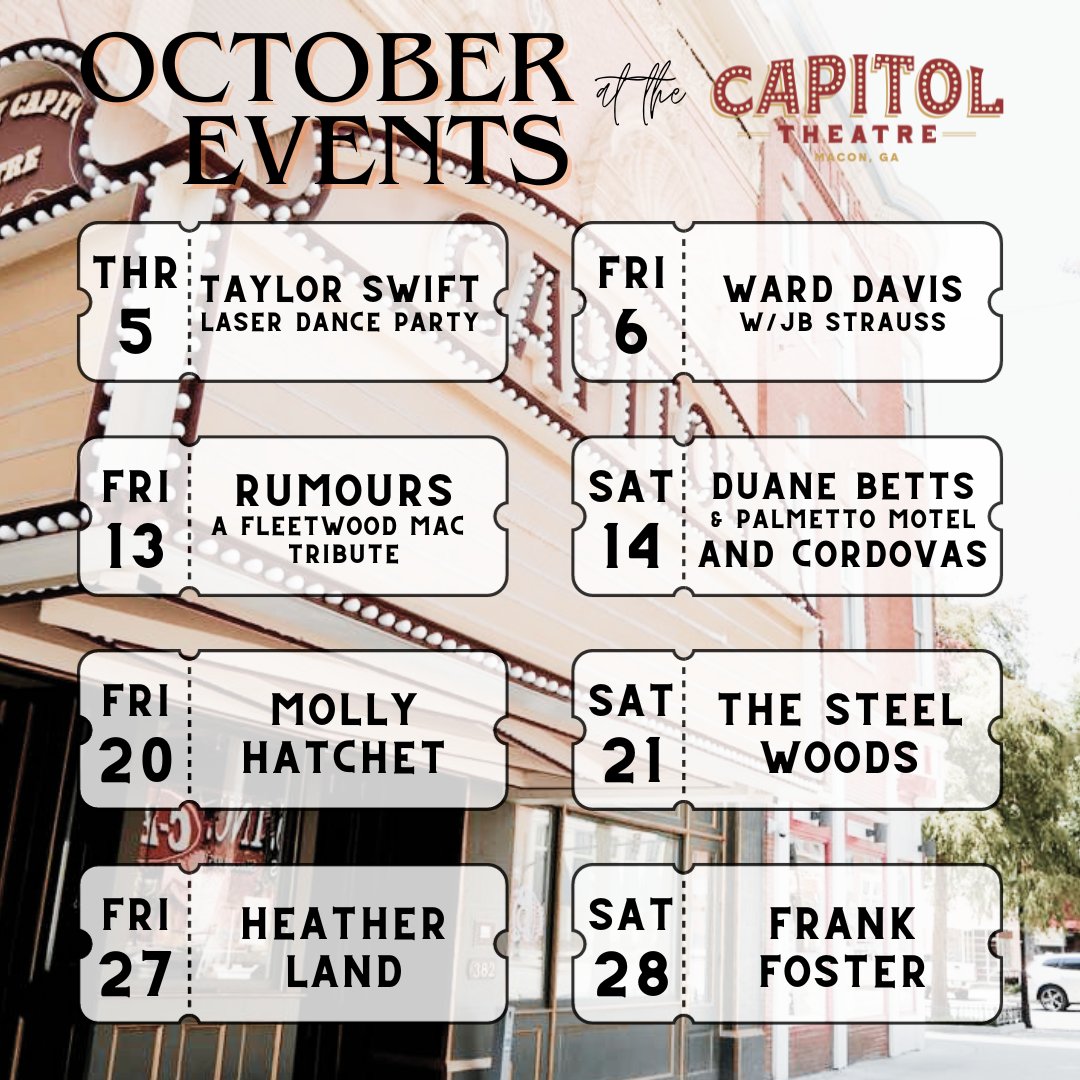 All treats and no tricks with this October lineup at the Capitol Theatre! 

Get more info + tickets at capitoltheatremacon.com