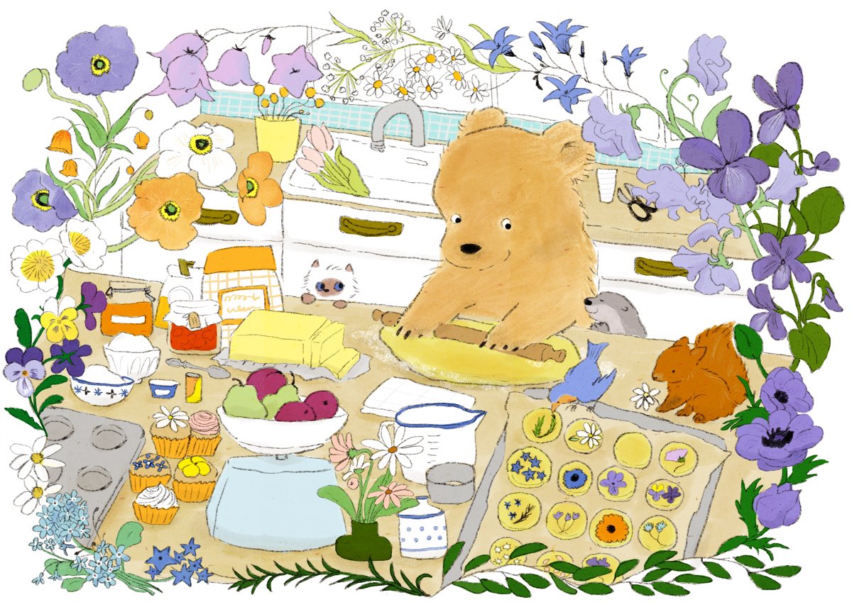 「どんなお菓子にしようかな」|ももろ　4／20発売絵本「パンダのパクパクきせつのごはん」のイラスト