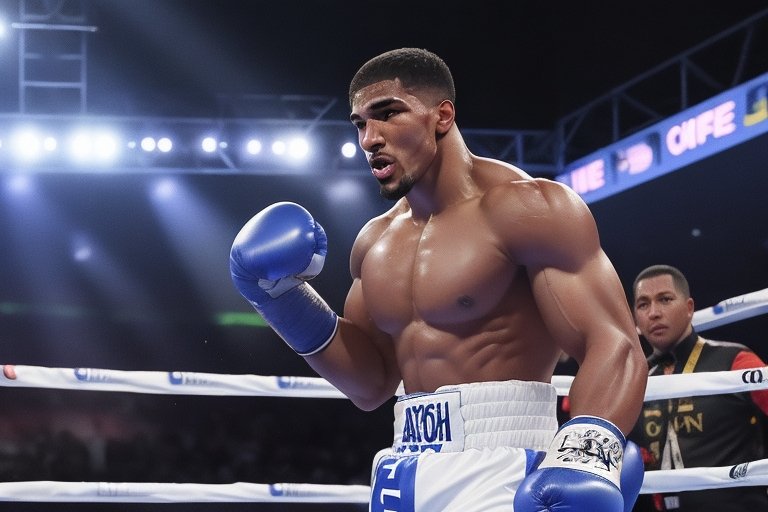LordVicky00's tweet photo. So I joined a celebrity AI image generation contest organized by @Mind_ForgeAI with @MrFrostplays @harleyqueen @0xAdesola I created an Ai image of @anthonyjoshua in a boxing ring,AI generated images are not perfect,do you think it resembles him #MindForgeAI #CelebrityArt https://t.co/uDVykZKJHp
