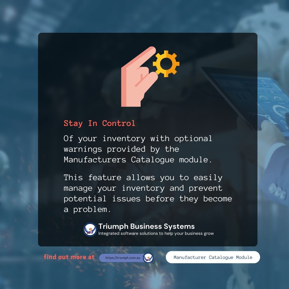 TriumphSoftware's tweet image. Stay in control of your inventory with optional warnings from the Manufacturers Catalogue module. 

Declutter and Stay Organised with Technology: triumph.com.au/contact-us/

#InventoryAutomation #InventoryPlanning #InventoryAnalysis #InventoryReporting #InventoryEfficiency