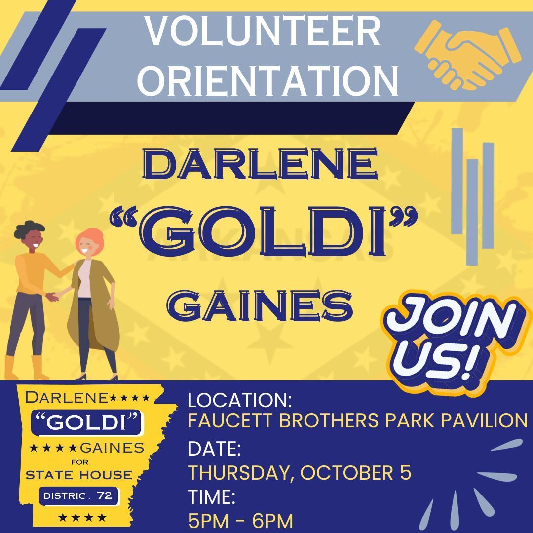 📣 Tomorrow is the big day! Join us for Goldi's Campaign Volunteer Orientation. Get ready to make a difference for District 72 in Arkansas! 🌟 #VolunteerKickOff #GoldiForDistrict72