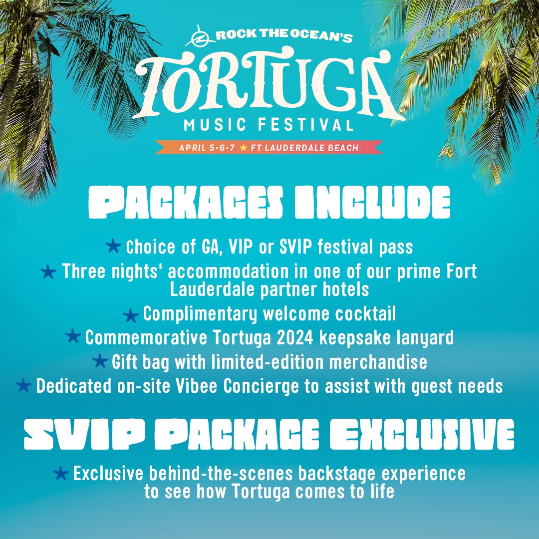 Book your #tortugafest experience with GA, VIP, and SVIP passes with our Vibee exclusive hotel packages. All packages include your choice of festival passes, a 3-night stay at one of our partner hotels and much more! Book your weekend in one easy step. vibee.com/events/tortuga…