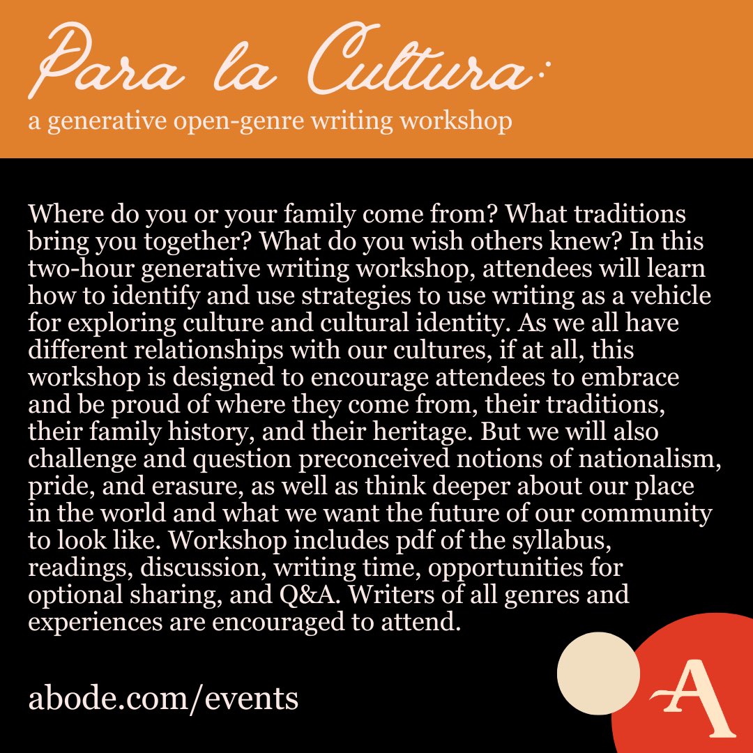 AbodePress's tweet image. THIS SUNDAY, @sofiaxaguilar is teaching a generative open-genre workshop titled “Para La Cultura” and you don’t want to miss it.

For as low as $10, attendees will explore culture and cultural identity &amp;amp; think deeper about our place in the world. 

Help us spread the word! RT! ❤️