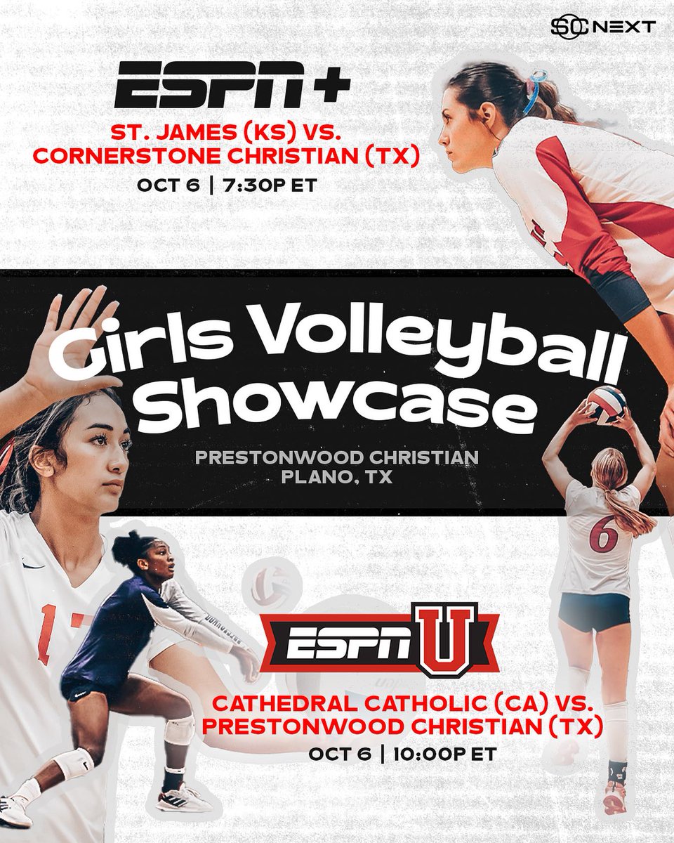 AVCA (@avcavolleyball) on Twitter photo 📣Mark your calendar for this Friday, when high school girls volleyball will be shown on ESPN channels! 📣
The Girls Volleyball Showcase, presented by <a href="/SCNext/">SportsCenter NEXT</a>, takes place in Plano, Texas, and includes two matches between nationally ranked teams.
Make sure to tune in!
#WeAreAVCA 📣Mark your calendar for this Friday, when high school girls volleyball will be shown on ESPN channels! 📣
The Girls Volleyball Showcase, presented by <a href="/SCNext/">SportsCenter NEXT</a>, takes place in Plano, Texas, and includes two matches between nationally ranked teams.
Make sure to tune in!
#WeAreAVCA