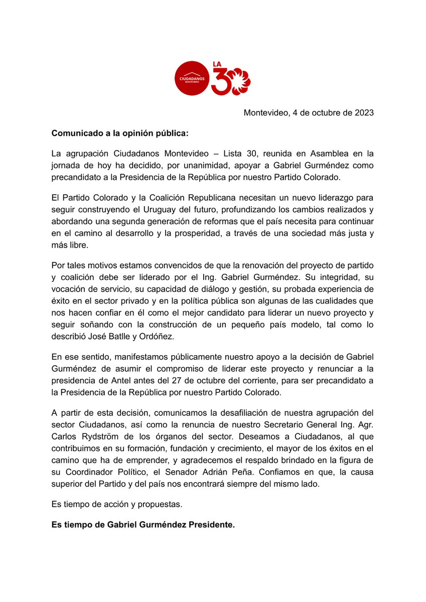 la30uy's tweet photo. Definimos apoyar a Gabriel Gurmendez como precandidato a la Presidencia de la República por nuestro @PartidoColorado.

#GurmendezPresidente https://t.co/2CWz1YVSOK