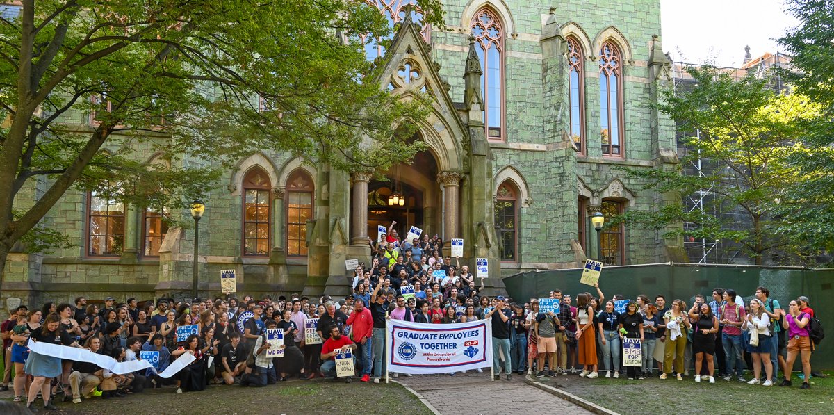 GETUPgrads's tweet image. Today, we rallied to celebrate signing over 2700 union authorization cards which demonstrate supermajority support for GET-UP, and announce our plan to file for a union election. Over 600 of us signed a letter asking Penn to remain neutral and respect our right to form a union…