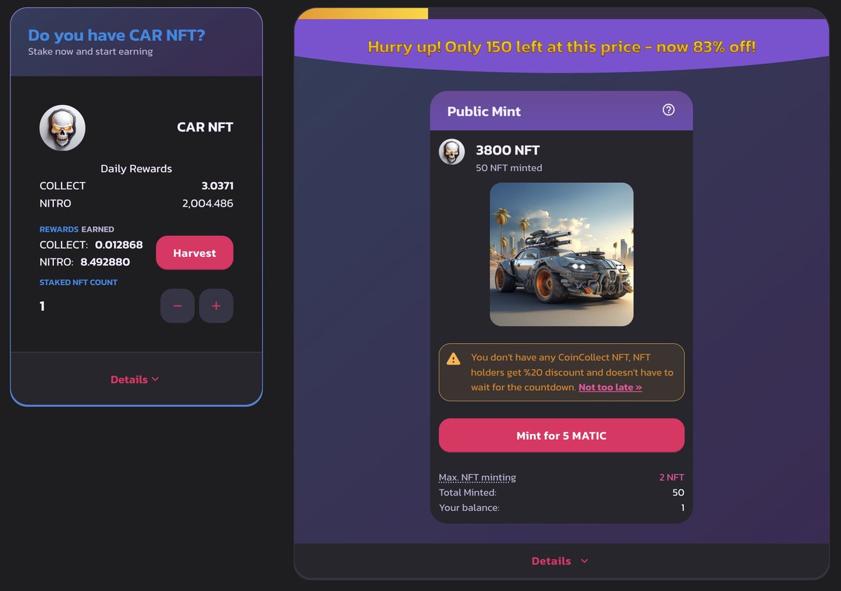 CoinCollectOrg's tweet photo. 🔥🏁 Exciting News! 🏁🔥 

#NitroClash has officially launched on CoinCollect! 🚗💨 For a LIMITED TIME, mint your dream car at an incredible 83% DISCOUNT! 🎉 Don't miss the starting line, race to get yours NOW! 🏆
https://t.co/xDc4lFWpTf

 #PlayToEarn #NFT #LimitedOffer #CoinCollectLaunch