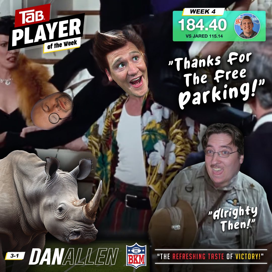 "Do NOT Pass GO, Do NOT Collect $200 Dollars <a href="/NotThatJared/">NotThatJared</a> "  - <a href="/dannallen/">Dan Allen</a> is the Week 4 Tab Player of the Week.
.
#fantasyfootball #aceventura #aceventurapetdetective #fantasylife
