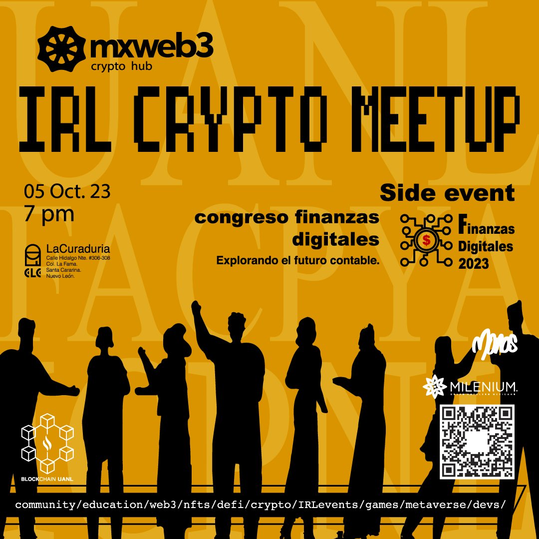 mxweb3's tweet image. mxweb3 IRL crypto meetup 
05 Oct. 2023
7 pm

1er. Congreso: Finanzas digitales; Explorando el futuro contable.
@BlockchainUANL

Side event;
LaCuraduría
Calle Hidalgo # 306-308
Col. La Fama.
Santa Catarina.
Nuevo León.
México.

#mxweb3