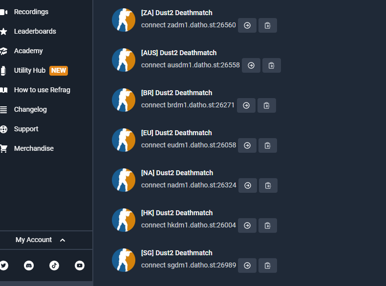 OfficialRefrag's tweet photo. Refrag Deathmatch server locations added: 

All IPs are on our dashboard - https://t.co/ed4MH7PcYT 

NA https://t.co/DYSLQjsUZK
EU https://t.co/cepl30kmmh
BR https://t.co/odzeNXmuHA
AUS https://t.co/dbxKzZfeCs
ZA https://t.co/udmXlHQpju
HK https://t.co/iejeMlHjAG
SG https://t.co/kGlJqbDmDI