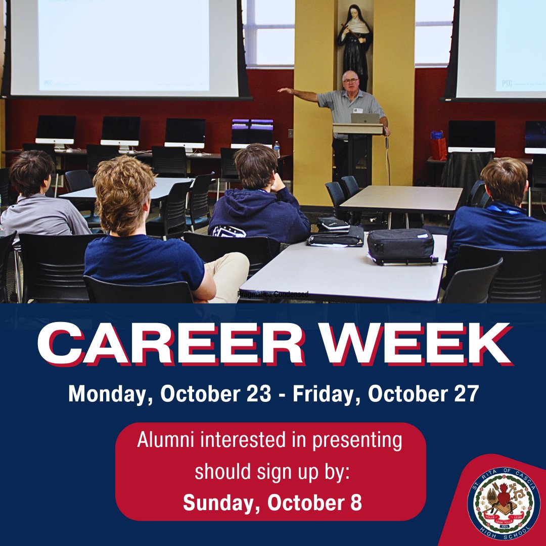 StRitaHS's tweet image. All alumni are invited to present at our Career Week starting the week of October 23.

Career Week offers a unique opportunity for our current Ritamen to network and learn from our amazing alumni! 

Sign up today: tinyurl.com/y7pvtbhc

#strita #stritaofcascia #stritacareerweek