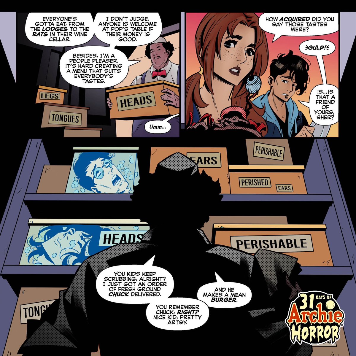 archiehorror's tweet photo. Pop's Chok'lit Shoppe has everything on the menu...including the residents of Riverdale! Artwork from Pop's Chock'lit Shoppe of Horrors. #31DaysofArchieHorror https://t.co/GGvrRe5LHv