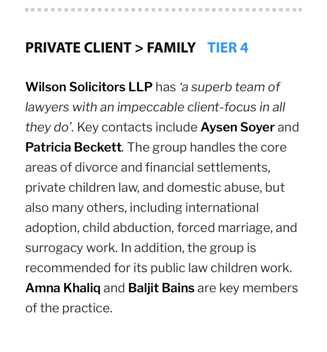 Thrilled that our Family team is recognised by #legal500 in their 2024 edition, and to work with such a talented group of lawyers. @WilsonsLondon