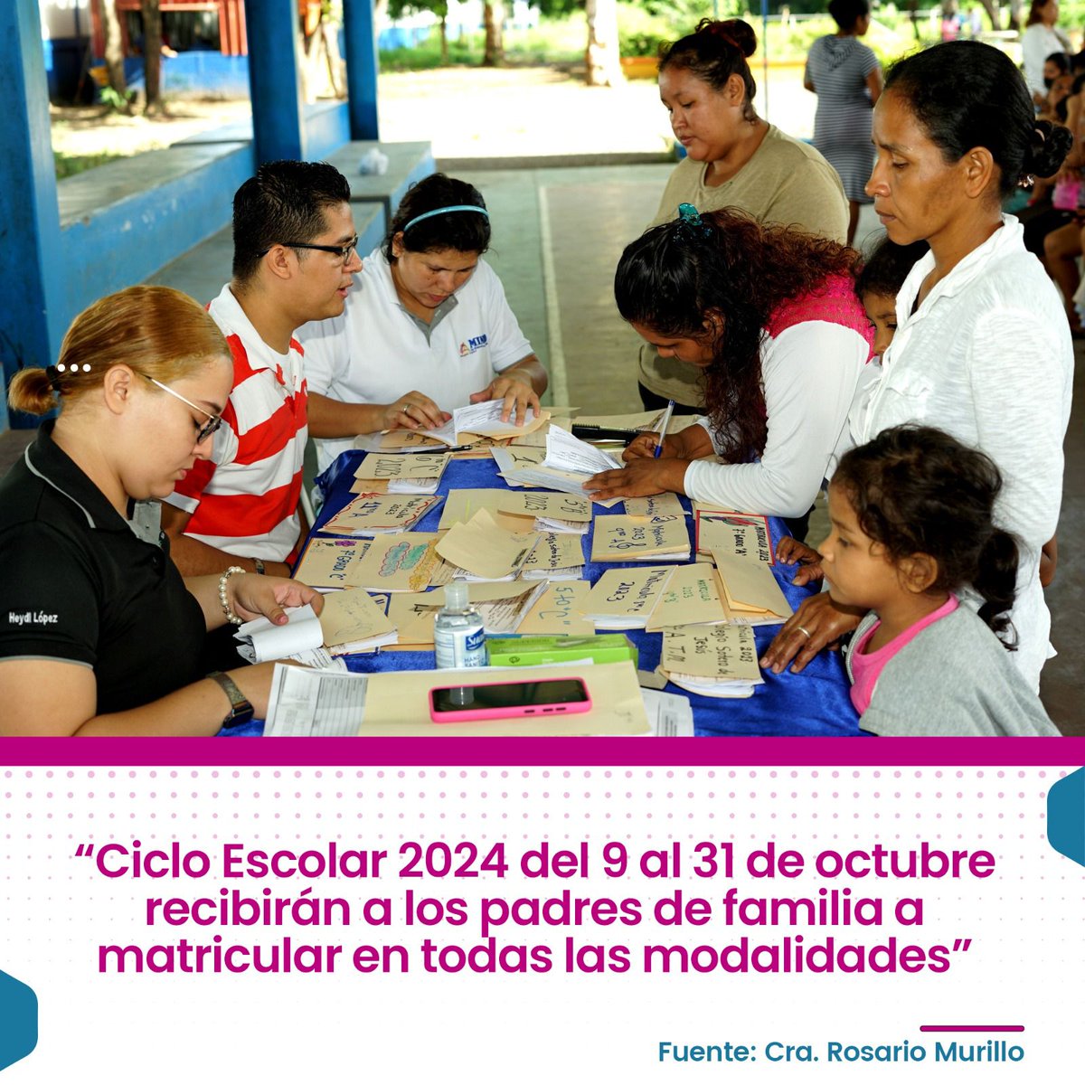Anuncio de inicio de Matrículas para el Ciclo Escolar 2024 en #Nicaragua. 📚👨‍🎓👩‍🎓

La vicepresidenta Cra. Rosario Murillo informó que el <a href="/minednicaragua/">Ministerio de Educación Nicaragua</a> iniciará las inscripciones el 9 de Octubre y estarán disponibles en todos los Centros Educativos del país...