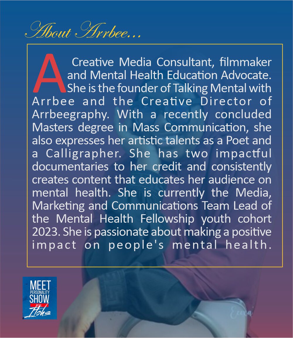 MeetItohs's tweet photo. Meet Rasheedat Balogun @officialarrbee 
In this episode, @officialarrbee shares her incredible journey, advocacy efforts, and valuable insights on how we can prioritize our mental well-being in today's fast-paced world. 🧠💪
#meetpersonalityshow https://t.co/oxrxrDMw4Q
