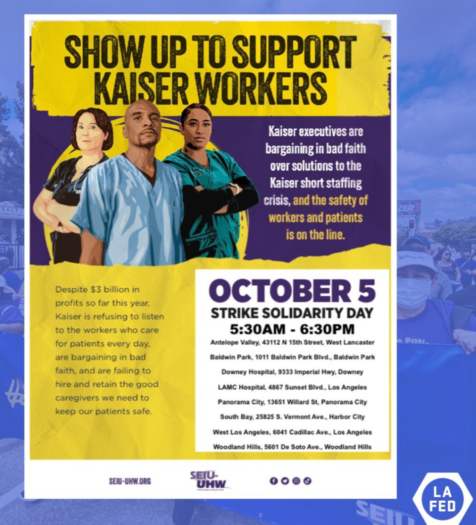 I'll be joining other @WGAWest writers in solidarity with Kaiser health care workers in their fight 💪 Thursday Oct 5 8am-10am 6041 Cadillac Ave, Los Angeles Wear your blue shirt and hope to see you there!