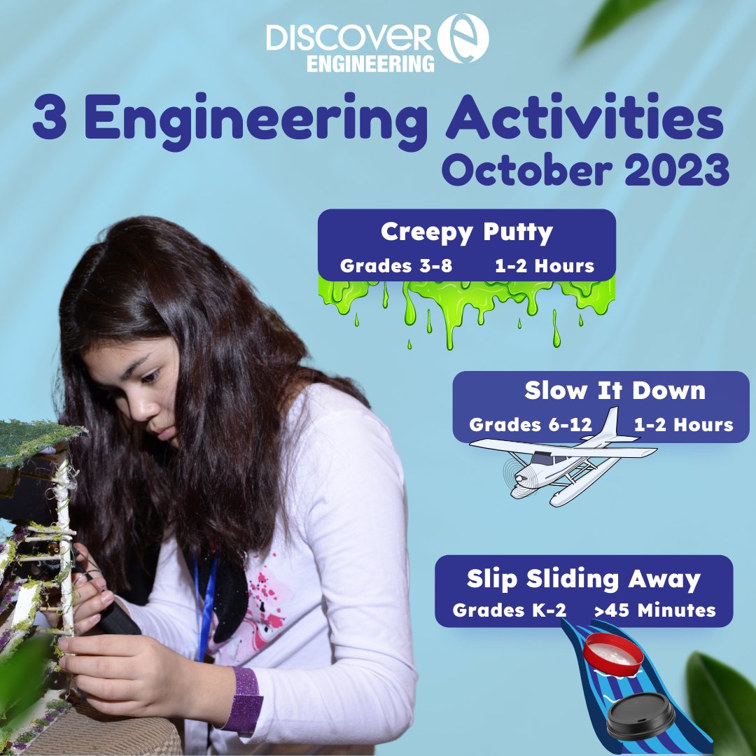 DiscoverEorg's tweet image. This month we have three #EngineeringActivities that you&apos;ll want to do with your students! From K-12 we have something for every age group for this 🎃  month! 
Get the spooky skinny: 🔗 discovere.org/october-featur…

#DiscoverEngineering #STEMEdu