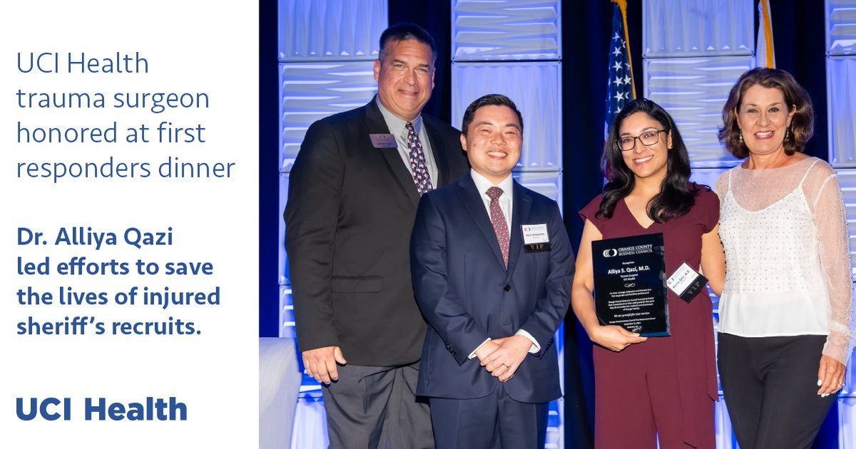 #UCIHealth trauma surgeon Dr. Alliya Qazi was honored at the #OrangeCounty Business Council’s first-ever First Responders Dinner this month for saving the lives of sheriff’s recruits who were hit by a wrong-way driver last November. Learn more at bit.ly/3RGgeju