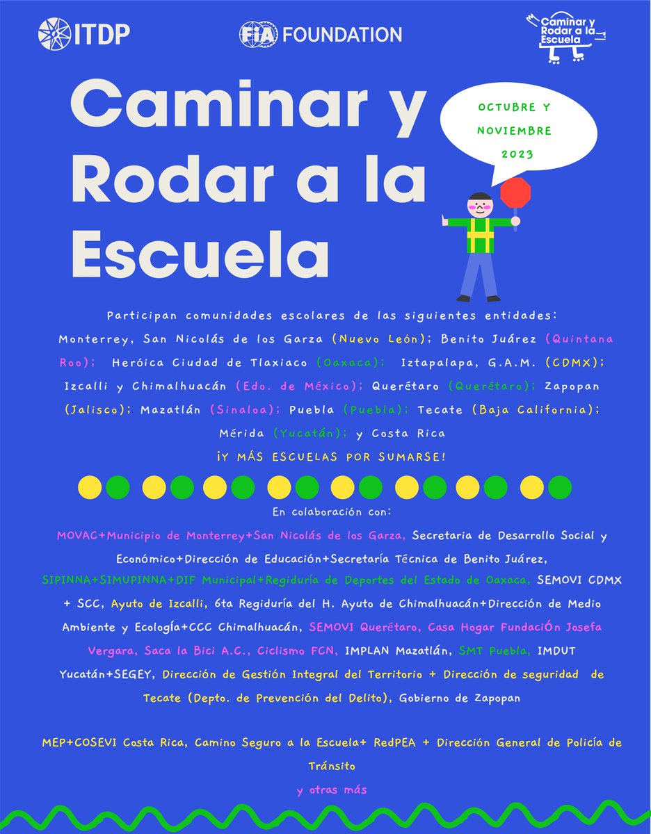 ¡#CaminarYRodarALaEscuela sigue creciendo! 🥳🙌🏽 
 Este año, más de 15 ciudades en México y Costa Rica se suman a la celebración. 

¿Las escuelas o autoridades de gobierno de tu localidad les gustaría sumarse? Les compartimos aquí la Guía para lograrlo: shorturl.at/huAYZ