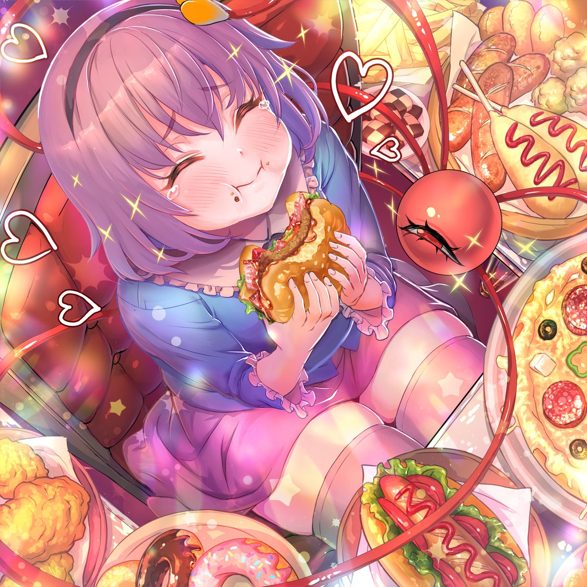 komeiji satori 1girl pizza food eating heart solo hot dog  illustration images