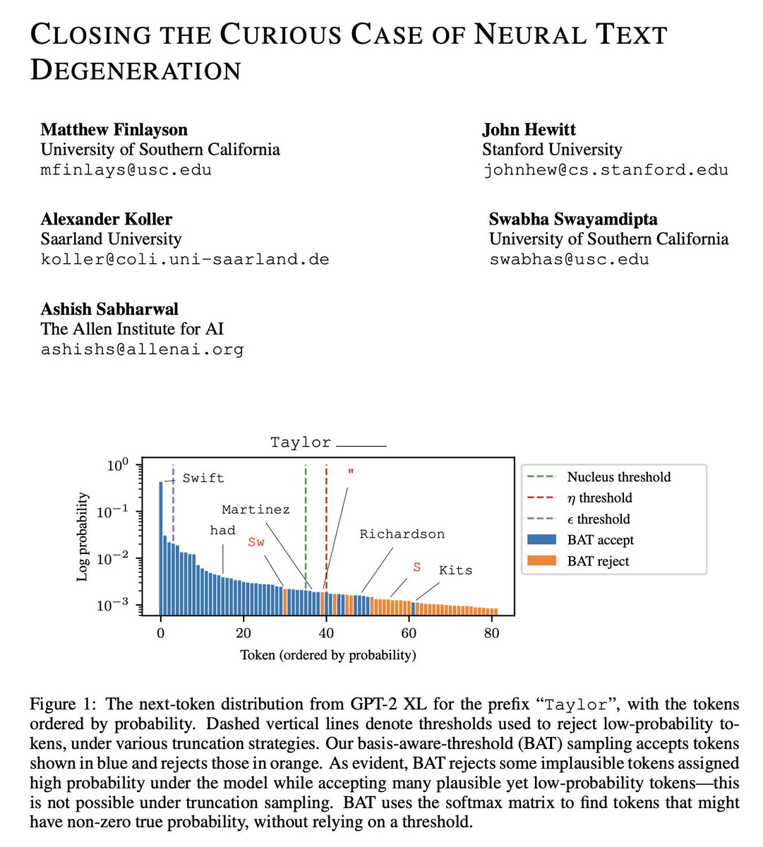 Nucleus and top-k sampling are ubiquitous, but why do they work? @johnhewtt, @alkoller, @swabhz, @Ashish_S_AI and I explain the theory and give a new method to address model errors at their source (the softmax bottleneck)! 📄 arxiv.org/abs/2310.01693 🧑‍💻 github.com/mattf1n/basis-…