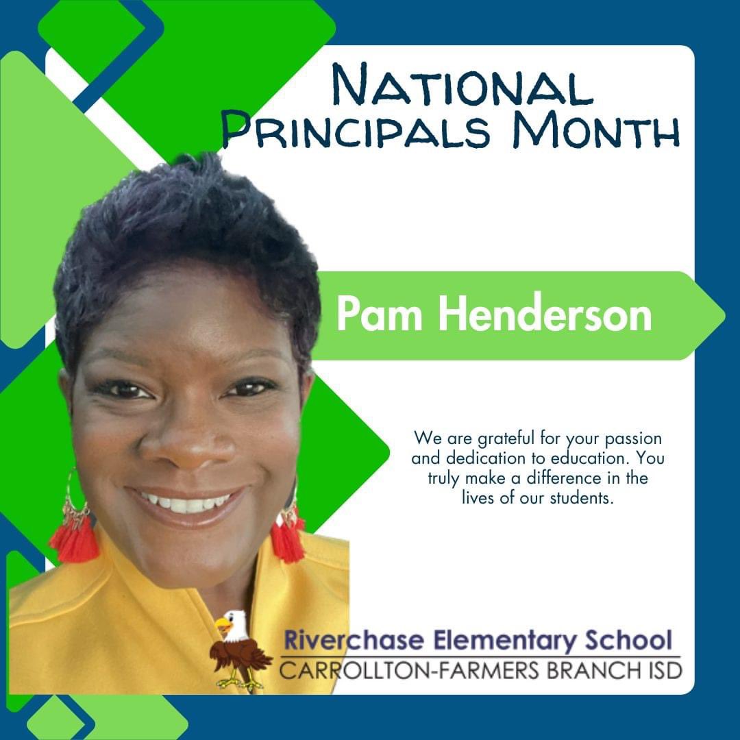 October is National Principals Month, and we want to thank Ms. Henderson for all you do!💚💙 <a href="/CFBISD/">Carrollton-Farmers Branch ISD</a> #risesoarachieve #NationalPrincipalsMonth