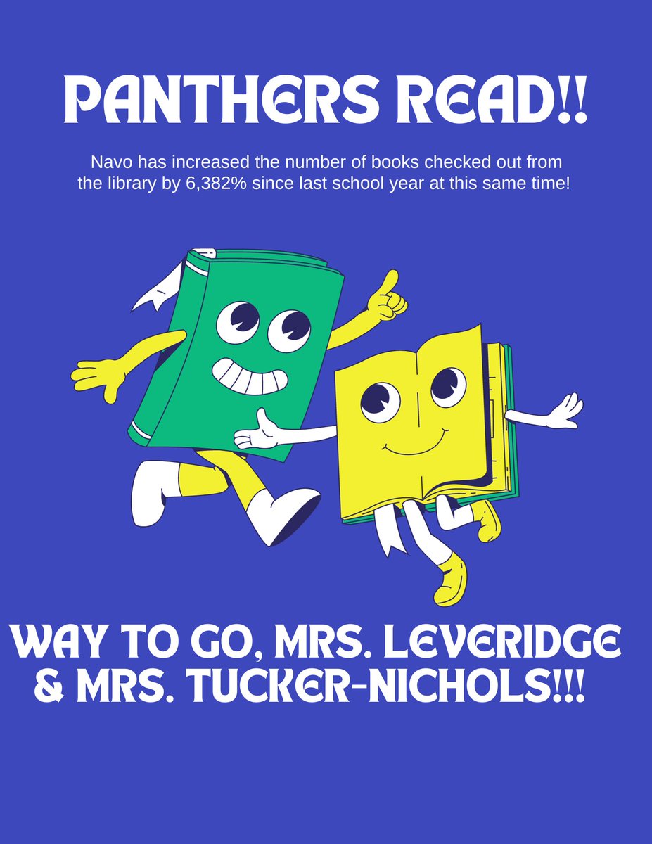 Our Navo Panthers LOVE to read! Navo has increased the number of library books checked out by over 6,000% since last school year at this same time. #PanthersRead #WeLoveToRead #OurStudentsLoveTheLibrary #LiteracyMatters