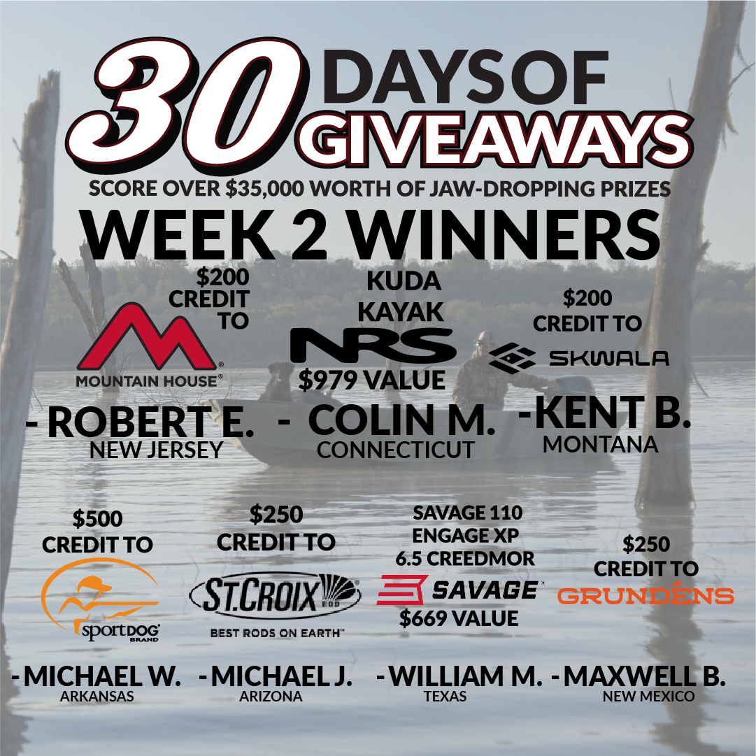 Our Week 2 Winners have been chosen! We are announcing winners each week for amazing prizes from our awesome corporate sponsors. Enter by 10/17 to get a chance to win the grand prize of a duded-up and fully rigged duck boat from Hog Island and G&H Decoys! loom.ly/zcmTbyM