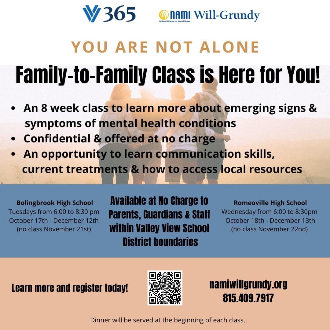 Wondering if your child's struggles are related to a mental health condition? Come learn about mental health signs and symptoms in a safe and confidential setting with NAMI. All participants must be 18 y.o. or older and child care is not provided.